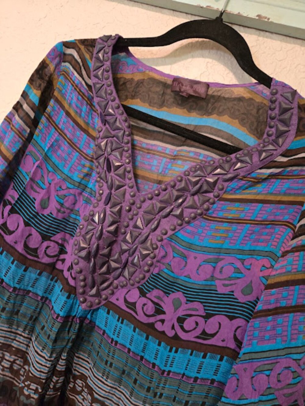 Hale Bob Silk Tunic Top Purple Teal Boho Studded V-Neck Blouse Small - Picture 3 of 4